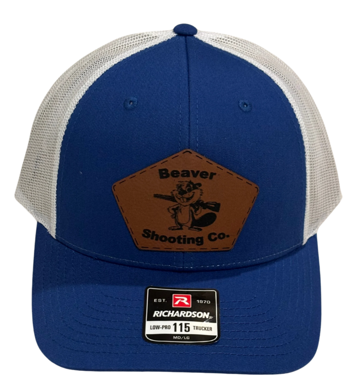 a blue with a white back trucker hat by Richardson with the Beaver Shooting Company logo